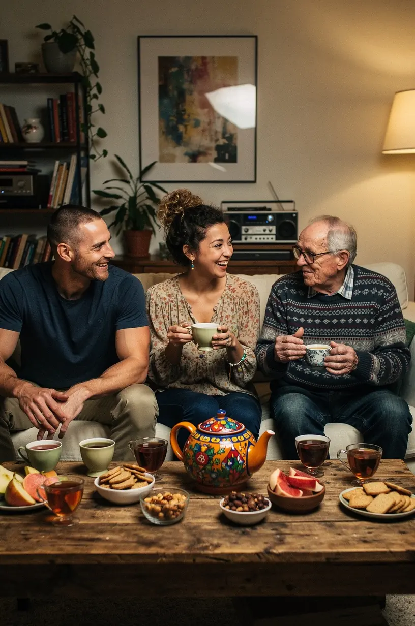 Puodelis arbatos ant stalo šalia užrašų knygelės ir laikrodžio, simbolizuojantis kasdienės arbatos ritualo planavimą.