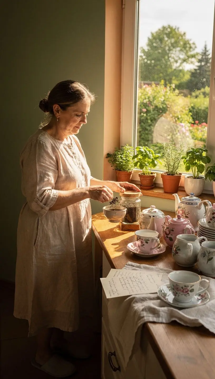 Žmogaus ranka laikanti arbatos puodelį prie lango, perteikianti komforto ir pusiausvyros siekį kasdienėje rutinoje.